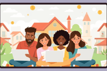 Una familia feliz frente a su nueva casa, simbolizando el éxito de adquirir vivienda propia a través de un préstamo online.