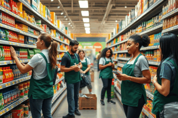 Imagen de un repositor organizando productos en un supermercado.