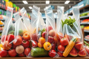 Bolsas ecológicas utilizadas por empaquetadores en supermercados.